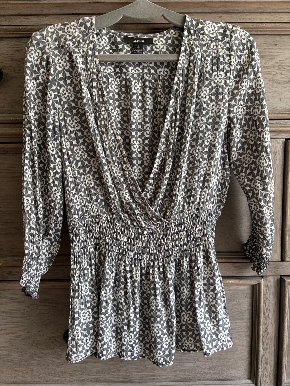 Alfani Gray and White Smocked Surplice Blouse